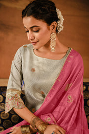 Tissue Jacquard With Embroidered Designer Salwar Kameez In Beige Color